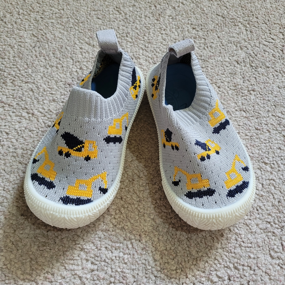 Jan & Jul Gray Knit Slip-On Baby Sneakers with Yellow Excavator Print